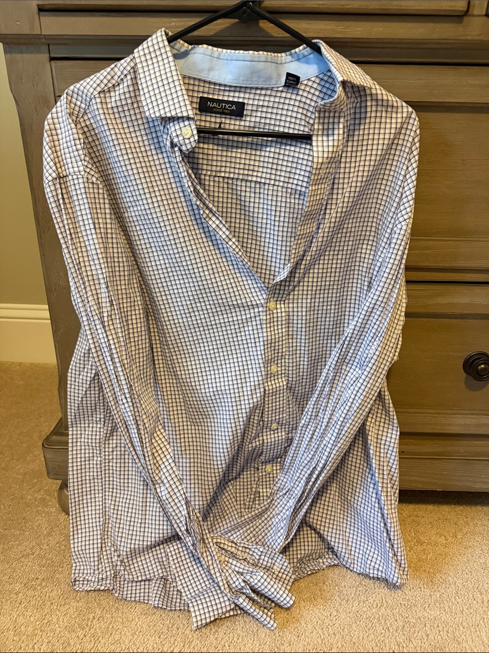 Nautica Men’s Light Blue and White Checked Button-Down Shirt